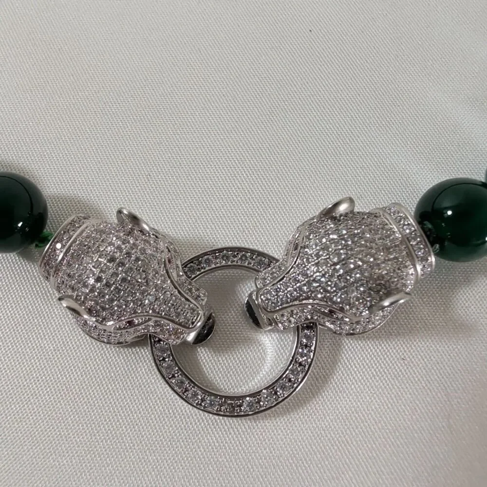 Vintage Double Panther Green Glass Bead Necklace Pave Clasp Hand Knotted